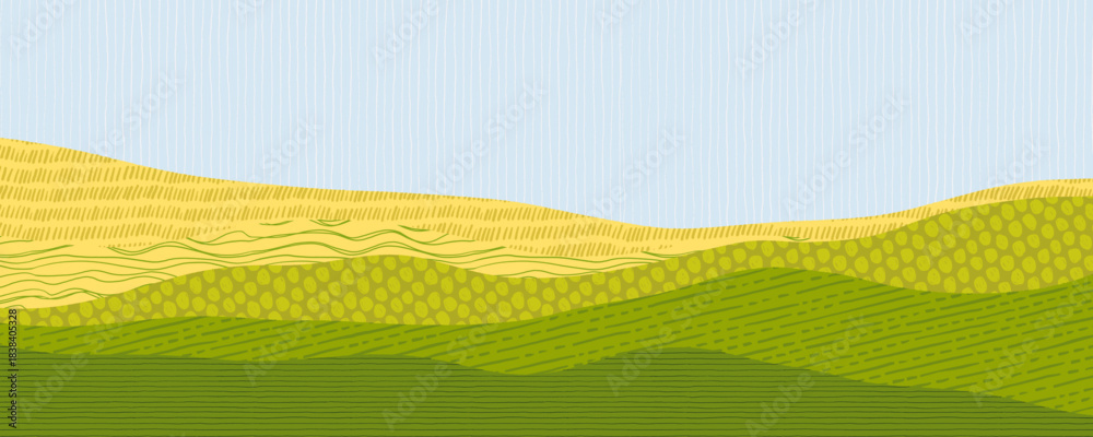 Naklejka premium Rice or corn field pattern with farm landscape and sky background for abstract agriculture design. Yellow green Tuscany or Japanese banner for eco friendly design. Agriculture farmland texture.
