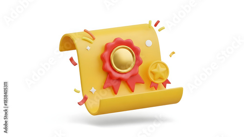 A Certificate and golden badges, celebrating achievement. The certificate is rolled with two gold badges with a star shape and confetti on the side. The image represents accomplishment and honor