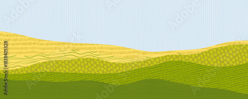 Rice or corn field pattern with farm landscape and sky background for abstract agriculture design. Yellow green Tuscany or Japanese banner for eco friendly design. Agriculture farmland texture.