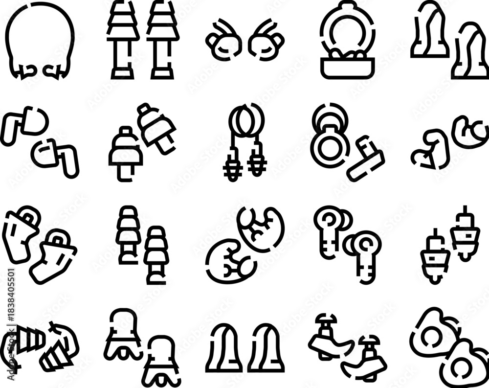 Fototapeta premium Hearing protection earplugs line icons set