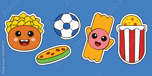 Cute soccer sticker sheet collection, kawaii cartoon vector illustrations of football elements, trophy and fan gear with white border.
