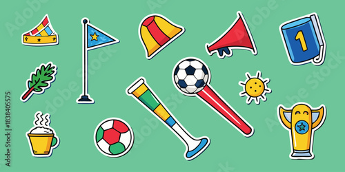 Cute soccer sticker sheet collection, kawaii cartoon vector illustrations of football elements, trophy and fan gear with white border.