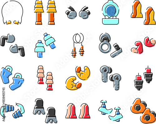 Many earplugs protecting hearing from noise collection