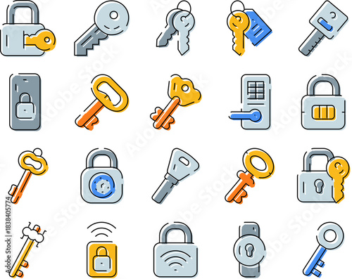 Digital and traditional security keys and locks icons