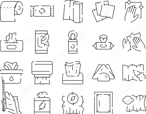 Wipes and tissues hygiene cleaning line icons