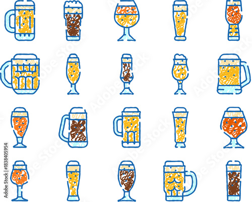 Beer glasses and mugs doodle line icons collection