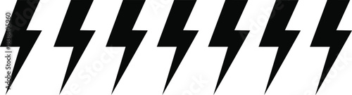 Row of seven simple, bold black lightning bolt icons in a repeating pattern, vector silhouettes representing power, speed, electricity, and energy concepts.