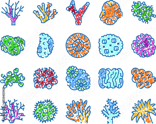 Colorful marine coral reef life doodle icon set