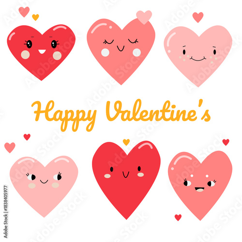 A set of cute hearts with different emotions for Valentine's Day or a wedding