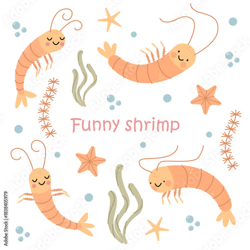 A set of cute funny shrimp in the sea among seaweed and starfish. Great for menus and children's illustrations.