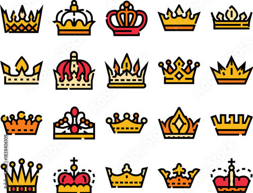 Set of gold and red crown icons representing monarchy