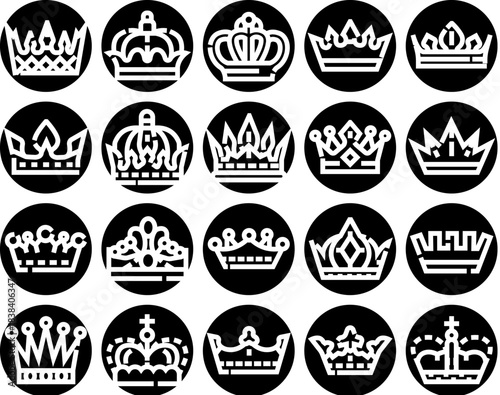 Crown icons set representing royalty and success on black background