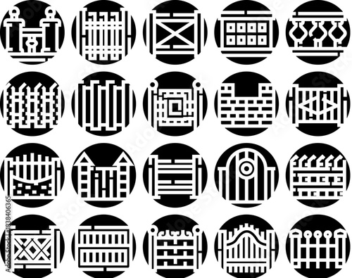 Fence and gate barrier styles icon set