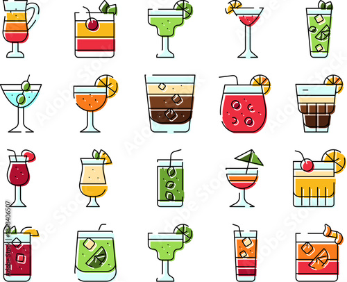 Refreshing drinks and alcoholic cocktails line icon set showcasing beverages