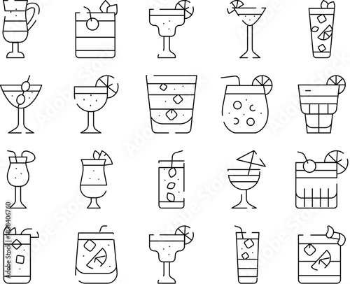 Collection of assorted cocktail and drink line icons