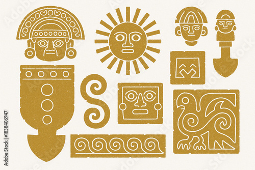 Ancient Peruvian goldwork vector icons in torn textured geometric grid on white background
