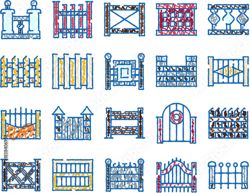 Collection of stylized fences and gates doodle drawing set