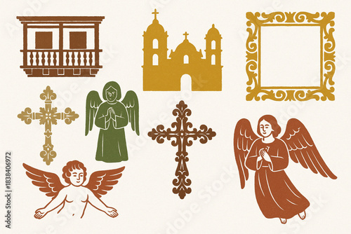 Colonial Peruvian art vector icons in torn textured clean grid on white background