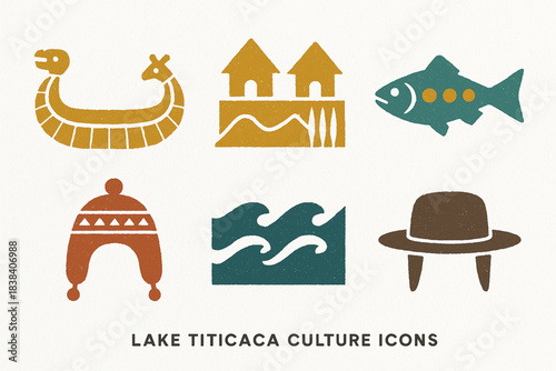 Lake Titicaca culture vector icons in torn textured clean grid on white background
