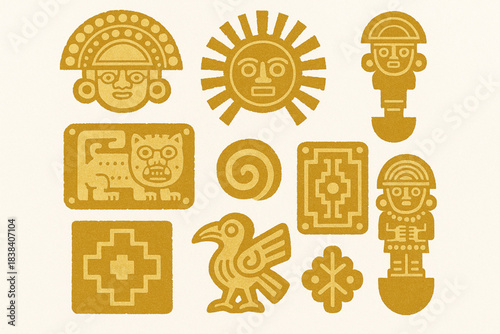 Ancient Peruvian goldwork vector icons in torn textured geometric grid on white background