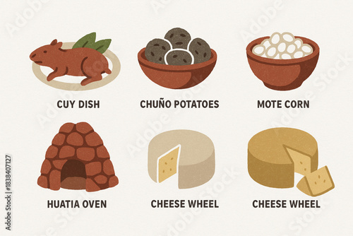 Andean highlands cuisine vector icons in torn textured structured grid on white background