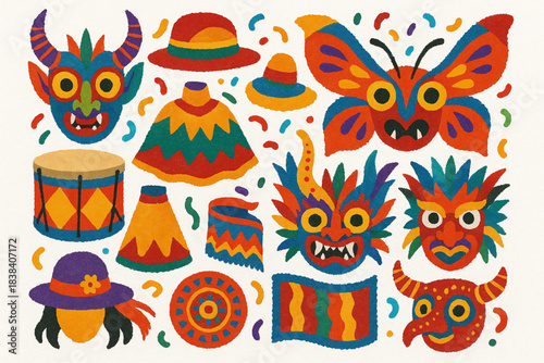 Peruvian carnival vector icons in torn textured tight grid on white background