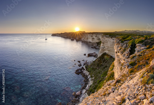 Sunset Over Limestone Cliffs and Mediterranean Sea in Bonifacio, Corsica