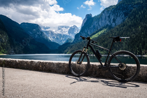 Mountain Bike by Gosausee Lake with Dachstein Peaks in the Background