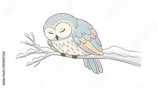 Cute sleeping owl illustration perched on a snow-covered branch gentle pastel colors perfect for winter themes and childrens designs
