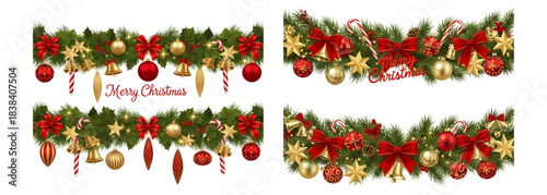Christmas Garland Vector Set – Luxury Red Gold Holiday Decorations with Bows, Ornaments, Bells & Merry Christmas Text