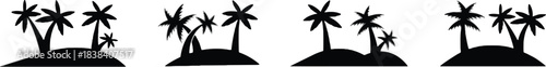 palm tree, silhouette, island, tropical, beach, nature, landscape, travel, vacation, summer, oasis, black and white, vector, graphic, design, element, collection, isolated, white background