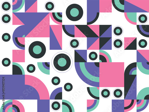 Abstract Geometric Pattern with Circles, Squares, and Arcs in Pastel Colors