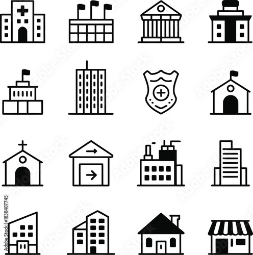 Collection of Building Icons Representing Various Structures and Institutions