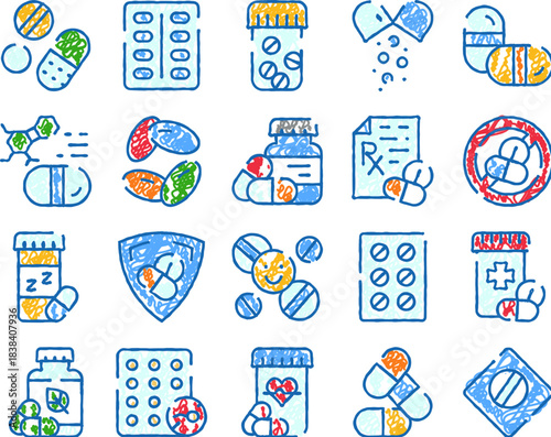 Medicine pills and healthcare medication doodle icons