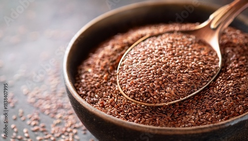 ground flaxseed with spoon for healthy eating and dietary fiber nutrition boost