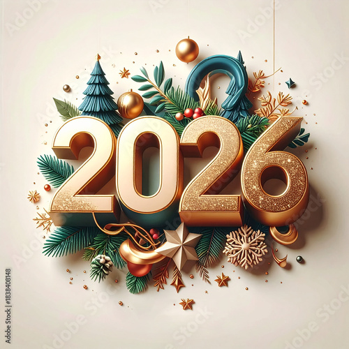 2026 3D Design Image and Happy New Year 2026 and Christmas Celebration Background