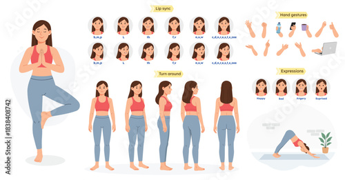 Yoga Woman Character Animation Set with Poses, Gestures, Expressions, Lip Sync and Turnaround Vector Illustration. Yoga Female Character Constructor with Front, Side and Back View, Body Parts and Pose