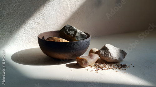 A minimalist arrangement featuring a bowl with various stones, softly illuminated by natural light, creating a serene and earthy ambiance.
