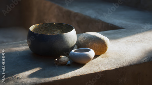 A serene arrangement of stone bowls and pebbles on a textured surface, illuminated by soft light, creating a calming aesthetic.