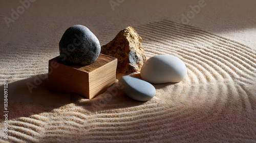 A tranquil arrangement of stones on sand, featuring smooth textures and gentle lines, evoking a sense of calm and simplicity.