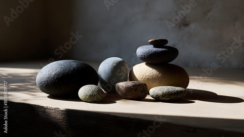 A serene arrangement of smooth stones with varied shapes and colors, casting gentle shadows on a wooden surface.