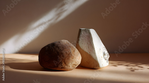 Two textured rocks, one rounded and one angular, are beautifully lit against a soft background, highlighting their natural forms and shadows.