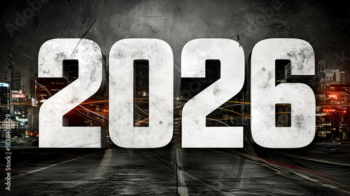 Distressed 2026 typography against an urban night cityscape