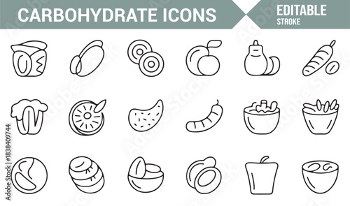 Vector Line Icons for Carbohydrate Foods Showing Organic Ingredients, Roots, Bowls, Seeds, and Fruits