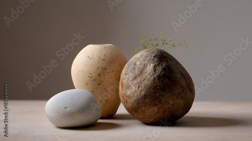 Three uniquely shaped vases in earthy tones, with a sprig of greenery in one, set against a neutral background, showcasing minimalist design.