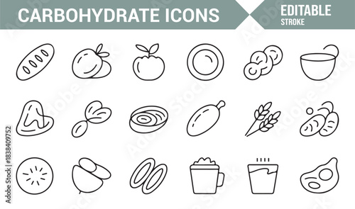 Culinary Carbohydrate Icons Displaying Fresh Fruits, Tubers, Bowls, Starches, and Natural Ingredients