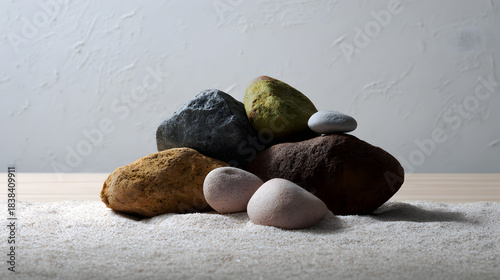 A composition of various stones arranged on a sandy surface, showcasing different textures and colors against a plain background.