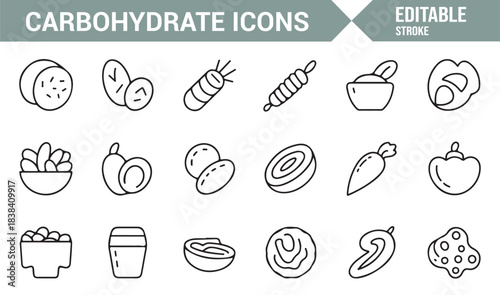 Plant-Based Carbohydrate Icon Set Featuring Tubers, Fruits, Grains, Sliced Produce, and Healthy Snacks