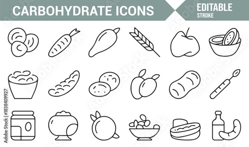 Nutrient-Dense Carbohydrate Icons Depicting Roots, Snacks, Bowls, Fruit Slices, and Organic Food Items