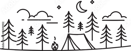 Minimalist black and white line art illustration depicting a serene night camping adventure under the stars and moon
